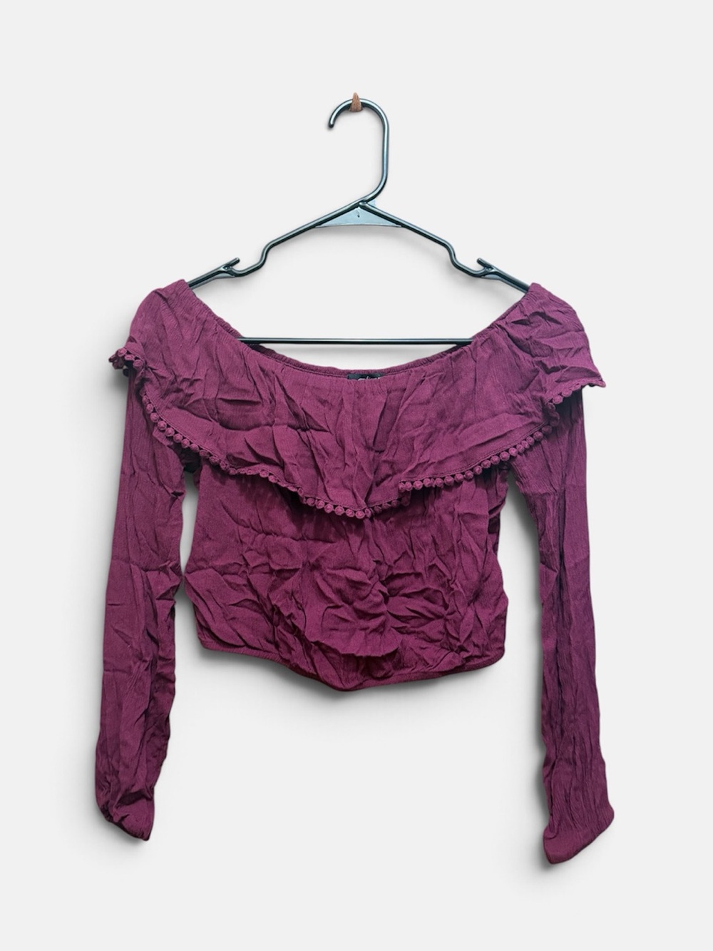 Ambiance Off-Shoulder Ruffle Long-Sleeve Crop Top - Plum